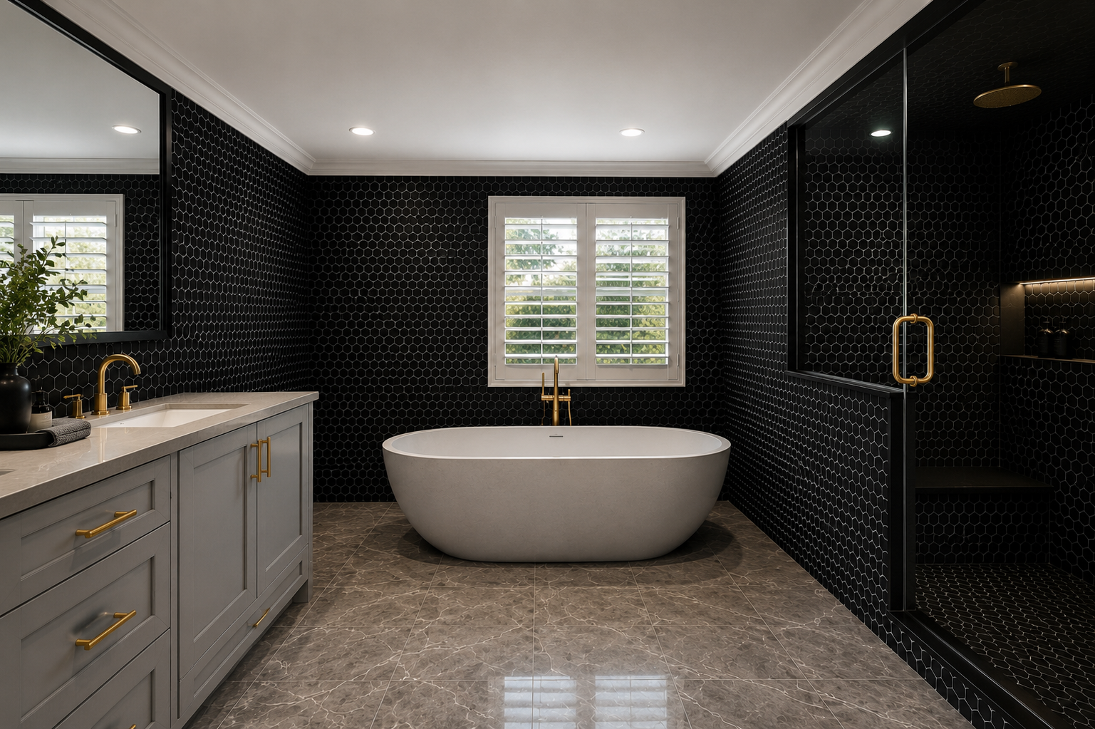 Moody master bathroom remodel in Richmond Hill with black hexagon tile, brass fixtures and freestanding soaking tub