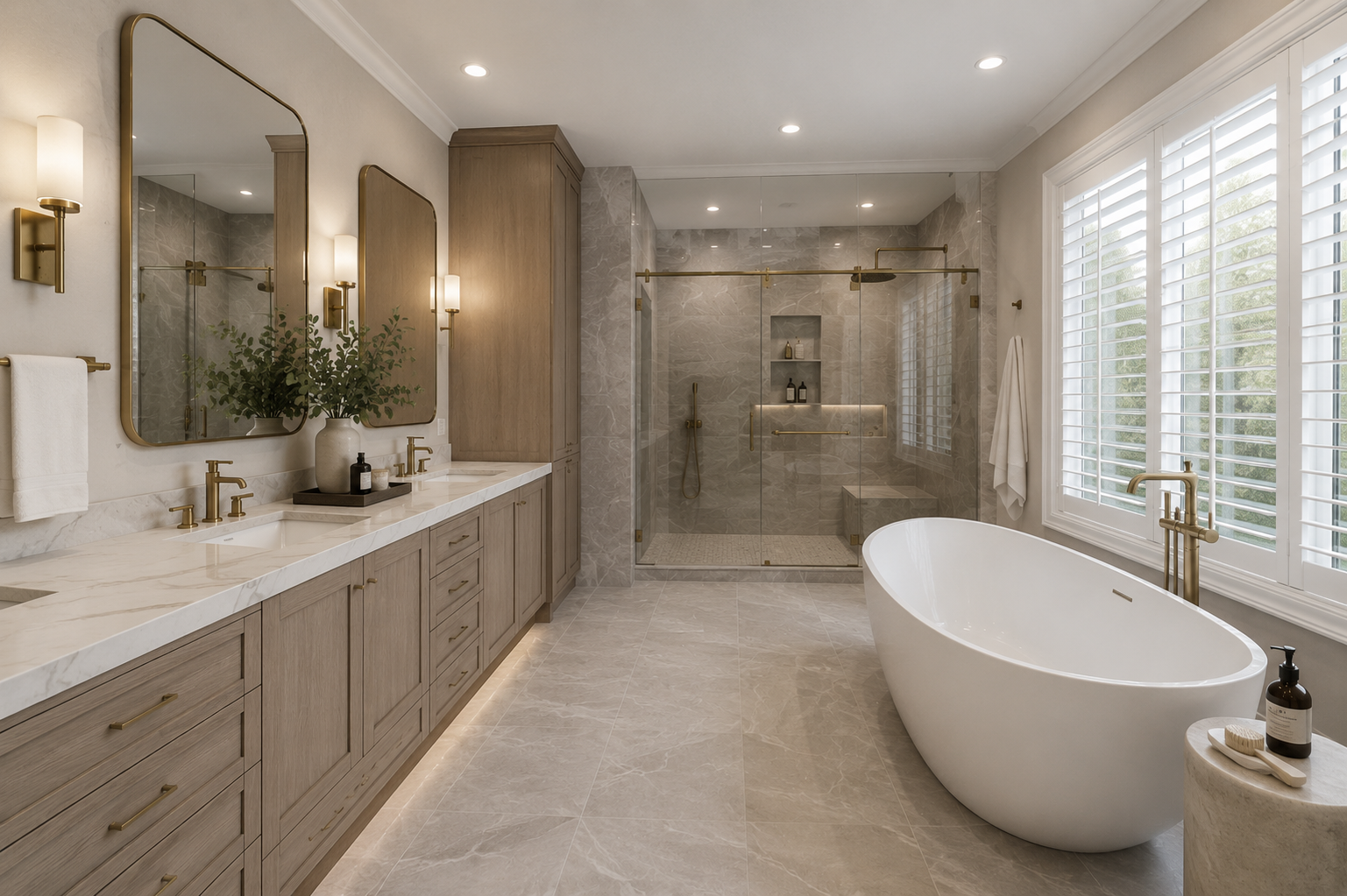 Luxury primary bathroom remodel with freestanding tub, brass fixtures and marble finishes in Richmond Hill
