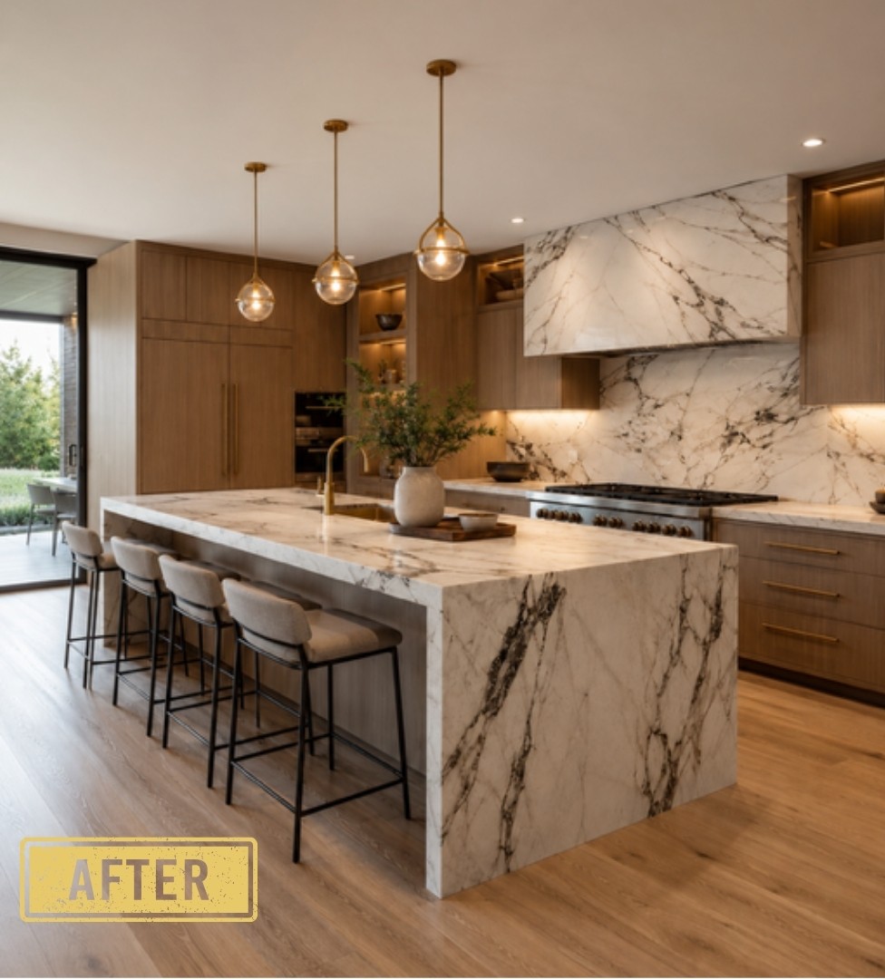 The same kitchen after a full interior remodel with marble island and walnut cabinetry