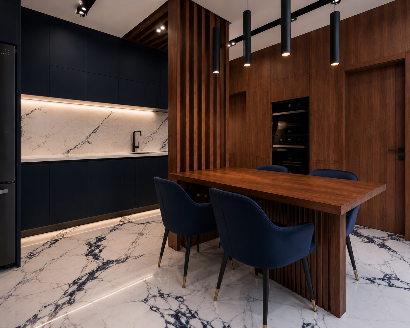 Modern kitchen renovation in Richmond Hill with matte navy cabinetry, walnut slat wall and marble floors by Goldstein Construction