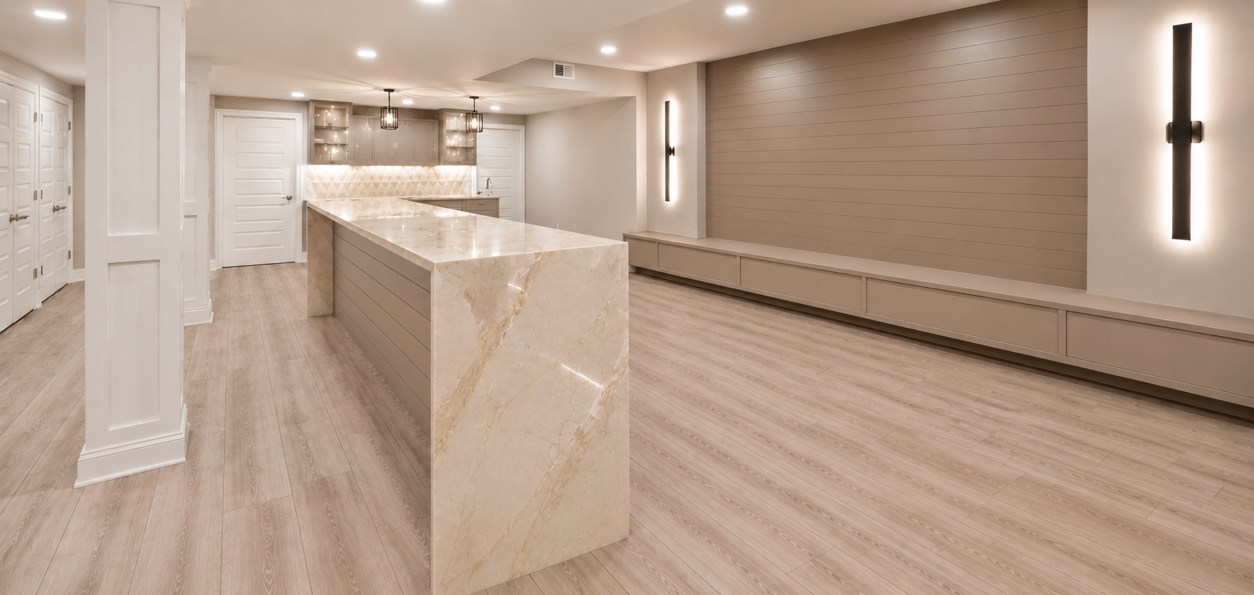 Modern basement with marble waterfall bar and shiplap feature wall.