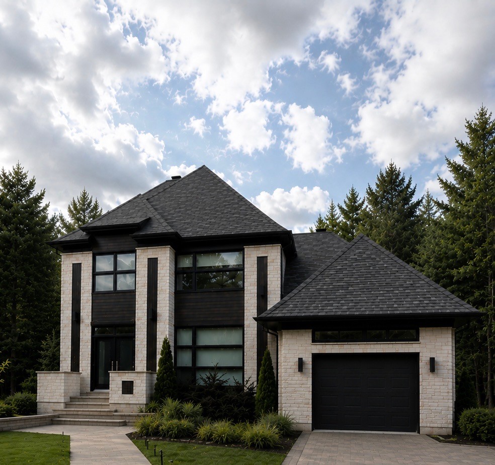 Contemporary custom home exterior with black and light brick facade.
