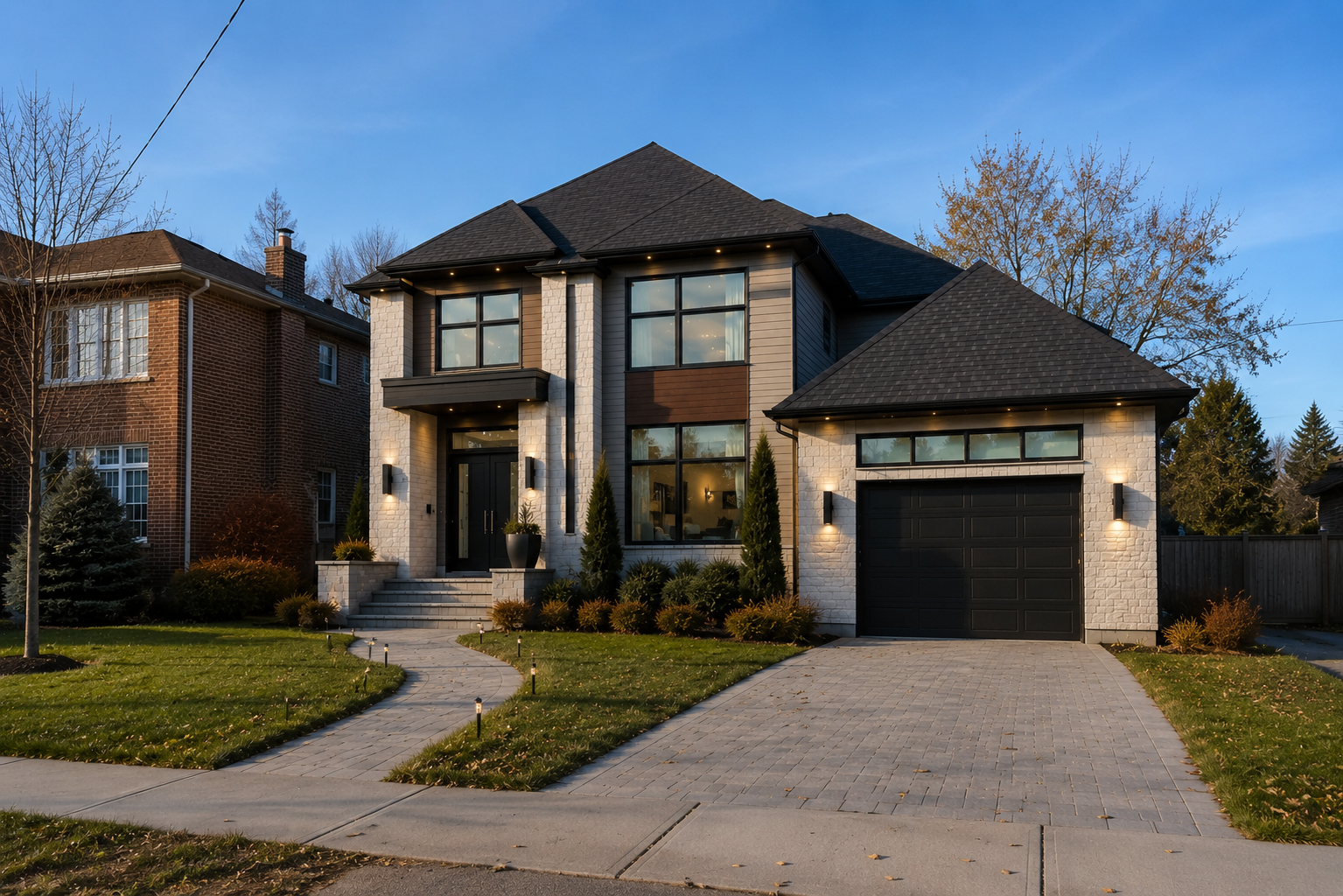 Luxury custom home in Richmond Hill with mixed stone and wood façade, attached garage and landscaped front yard