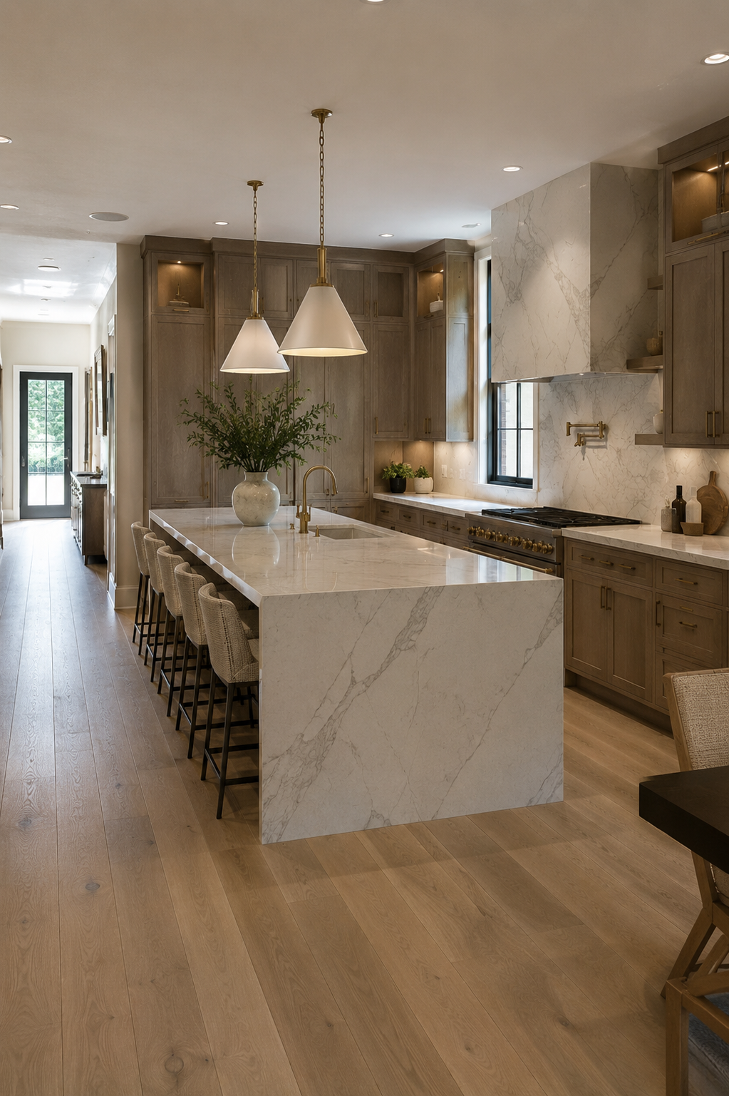 Custom white oak kitchen with waterfall marble island, brass fixtures and slab backsplash in a Richmond Hill custom home