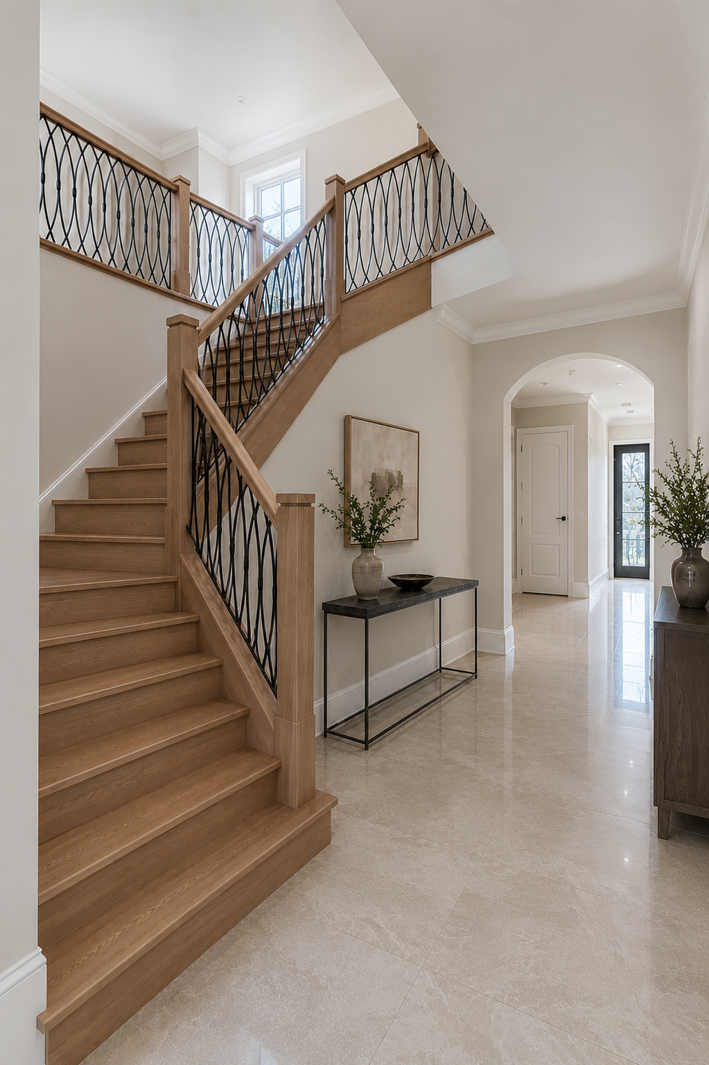 Custom curved white oak staircase with wrought iron balusters and marble tile foyer, completed by Goldstein Construction in Richmond Hill