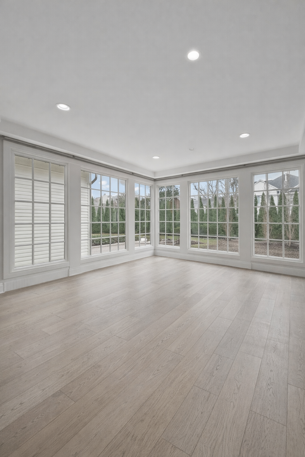 Sunroom with large wraparound windows and light wood flooring.