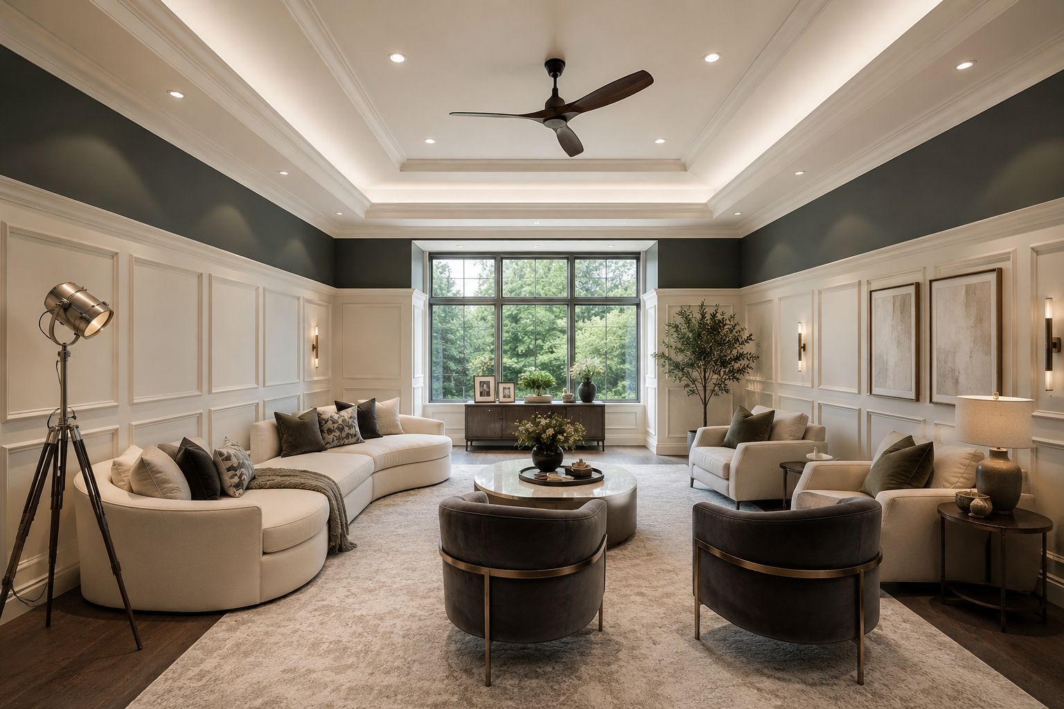 Refined living room interior with custom millwork, oak floors and layered lighting after a full interior remodel