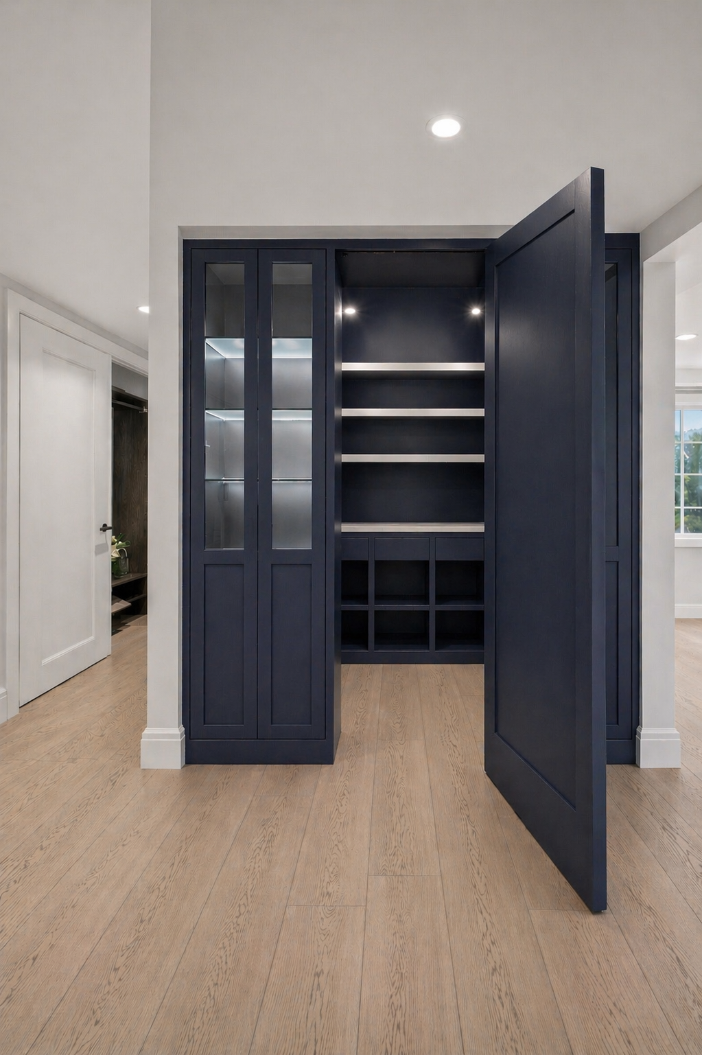 Hidden walk-in pantry entry finished in deep navy custom millwork with integrated display lighting in a Richmond Hill kitchen renovation