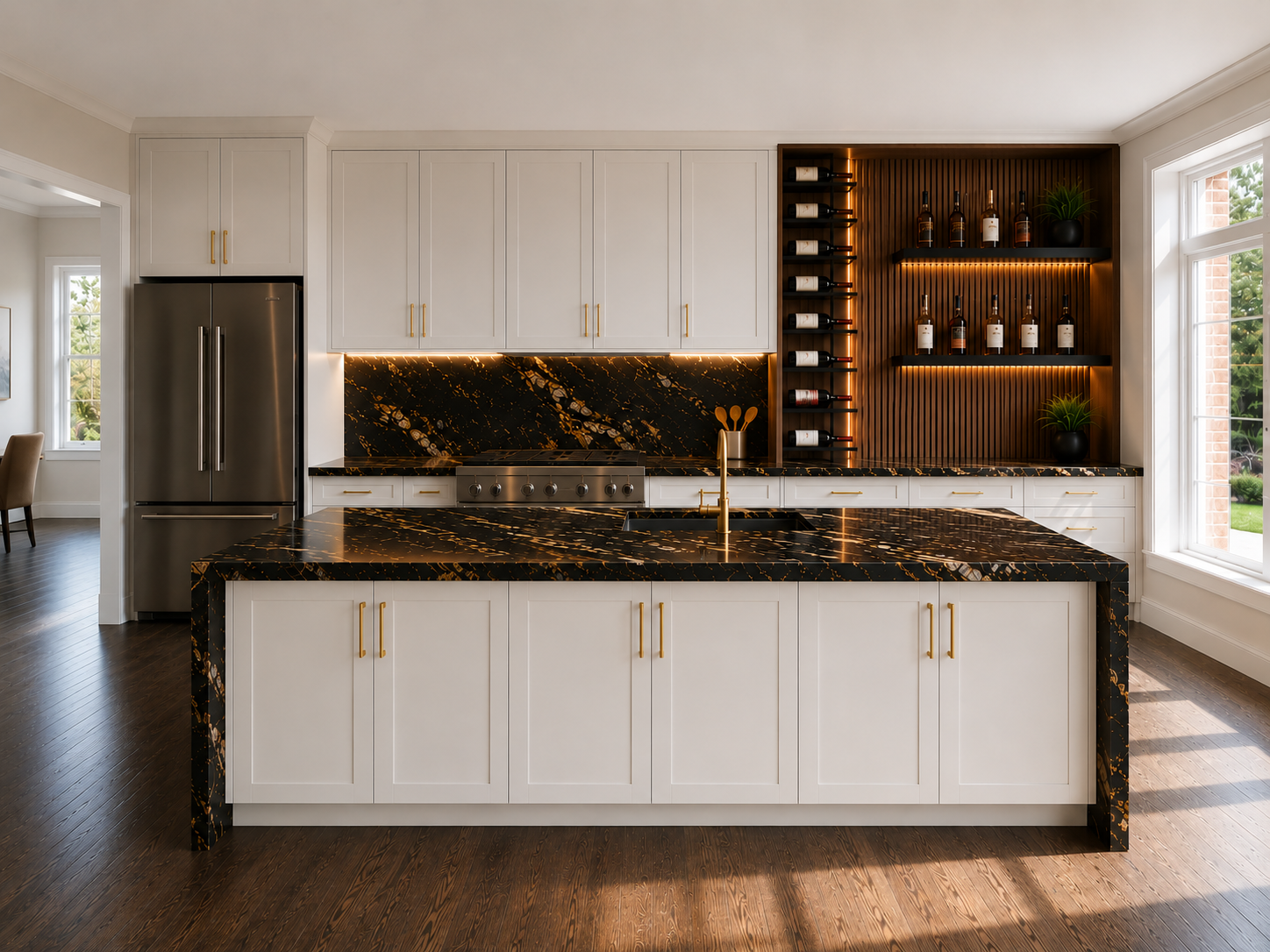 Luxury white kitchen renovation with black and gold marble island, brass hardware and built-in wine wall in a Richmond Hill home