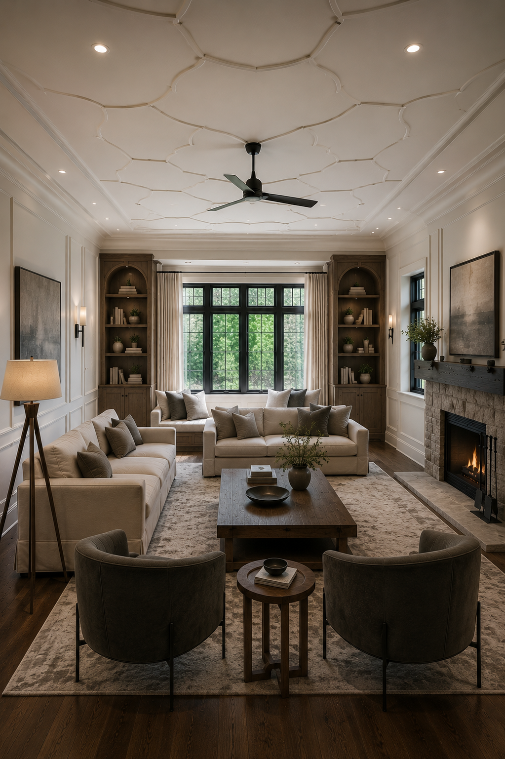 Formal living room interior remodel with decorative plaster ceiling, custom built-in millwork, stone fireplace and layered lighting by Goldstein Construction