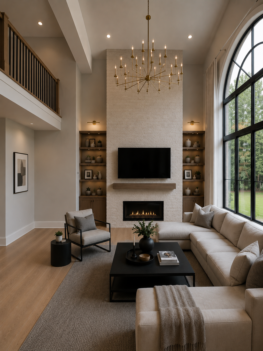 Double-height great room in a Richmond Hill custom home with white brick fireplace, brass chandelier and arched steel window by Goldstein Construction