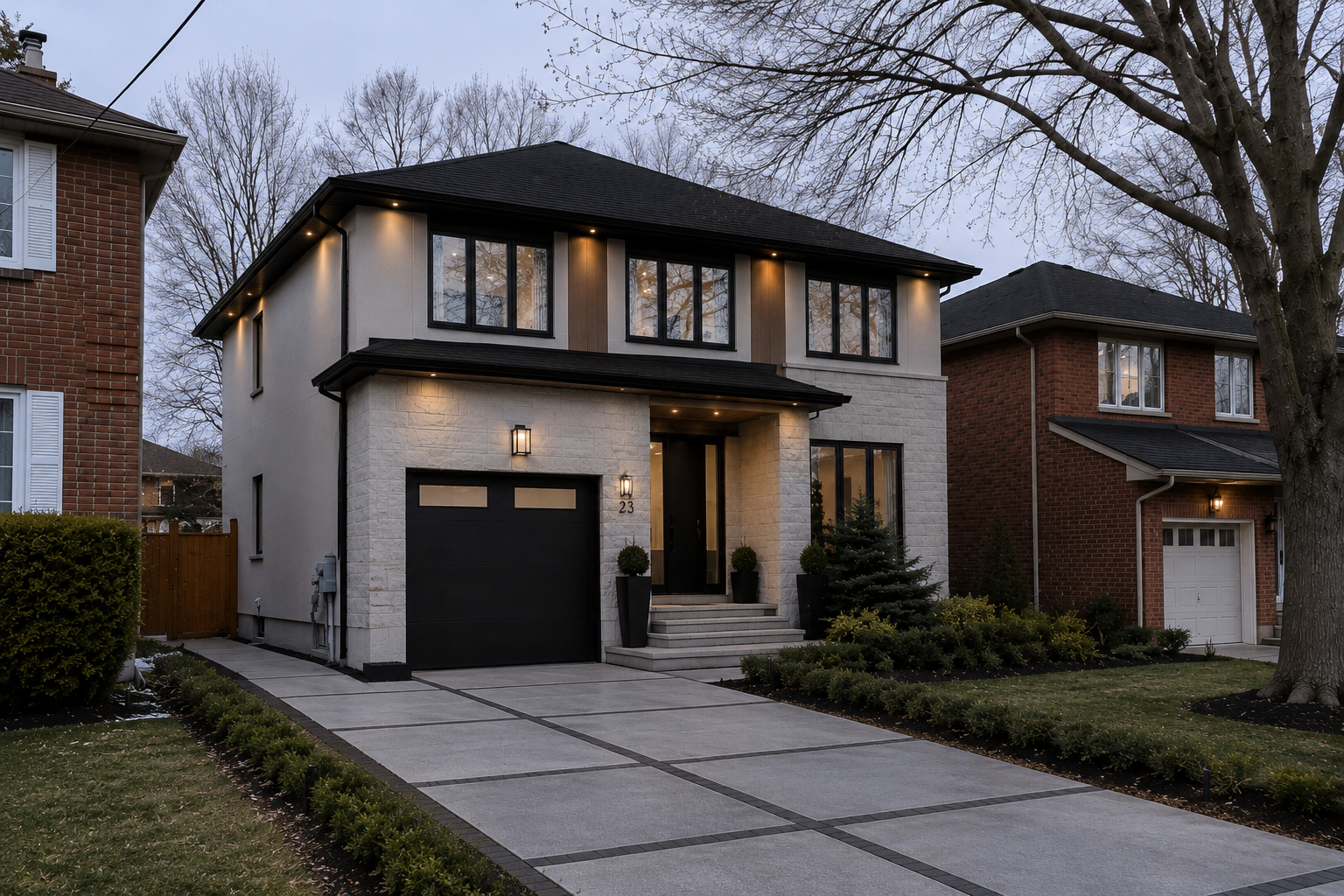 Custom-built two-storey home in Richmond Hill with stone façade, black windows and warm exterior lighting at dusk