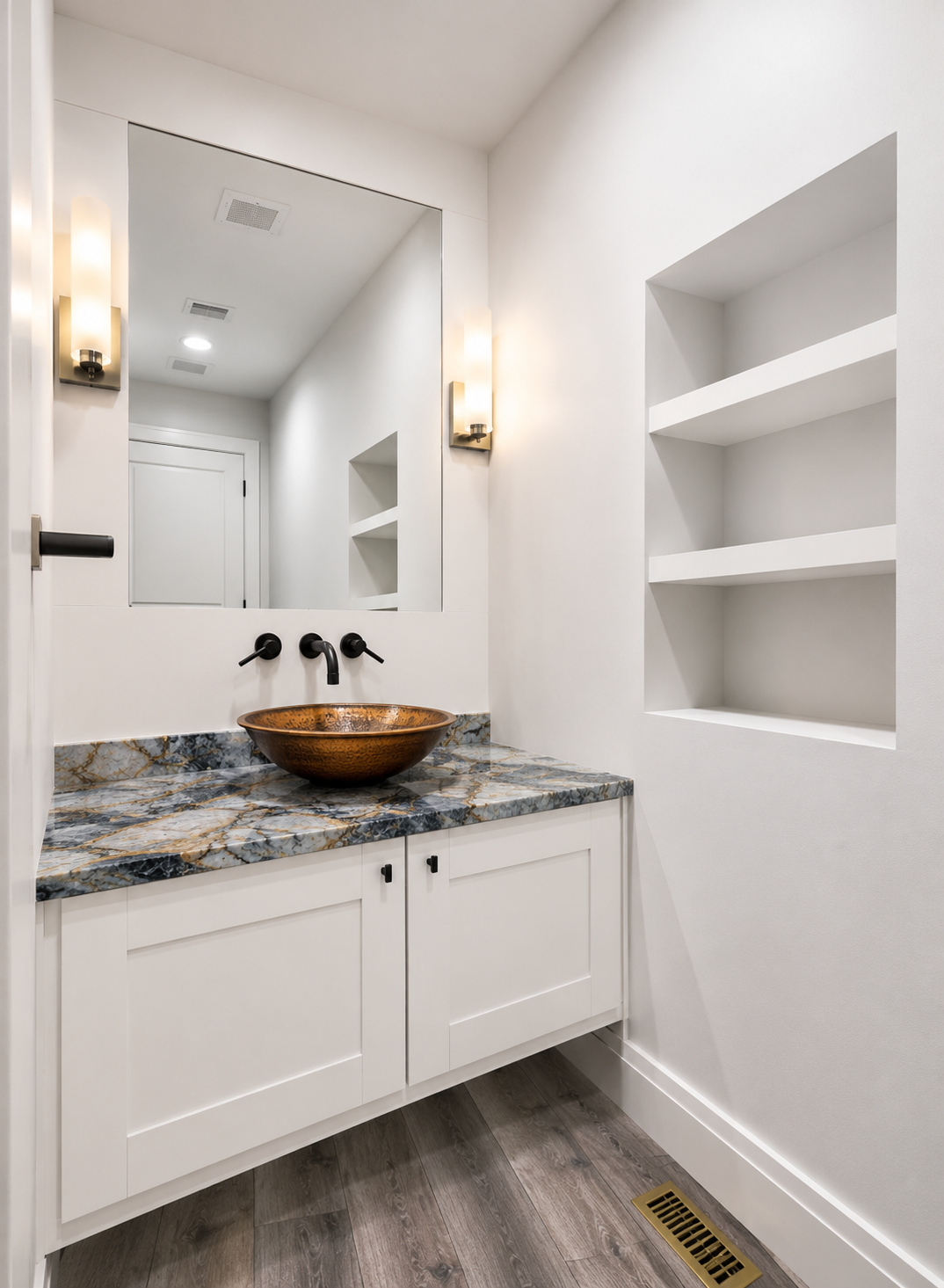 Basement bathroom with walk-in glass shower and walnut vanity in Richmond Hill