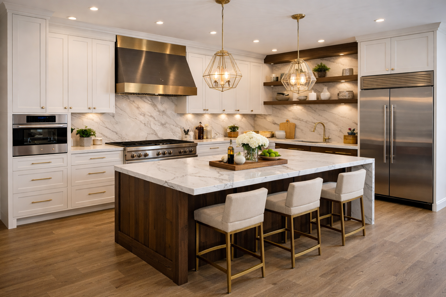 Luxury kitchen renovation in Richmond Hill with marble waterfall island and brass detailing