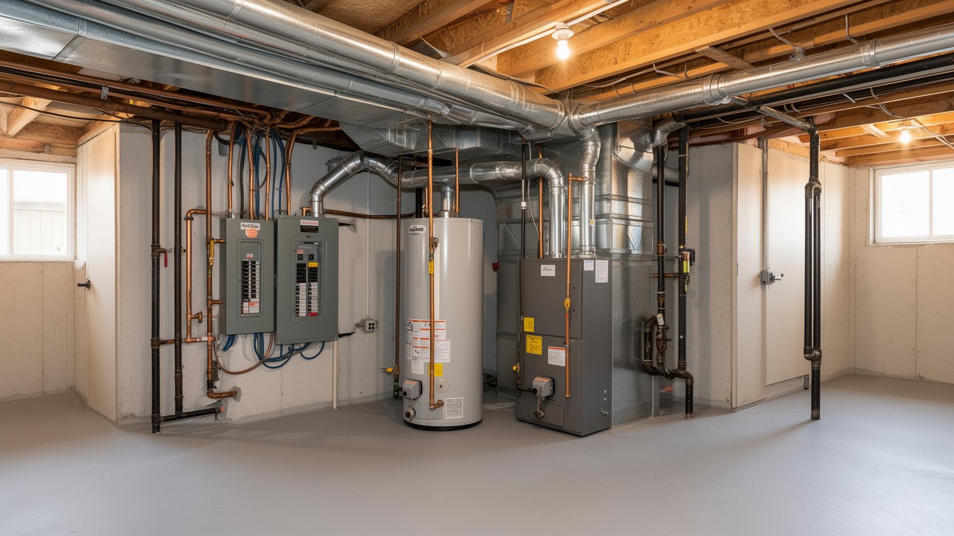 Detailed basement mechanical room with new ductwork and clean electrical layout