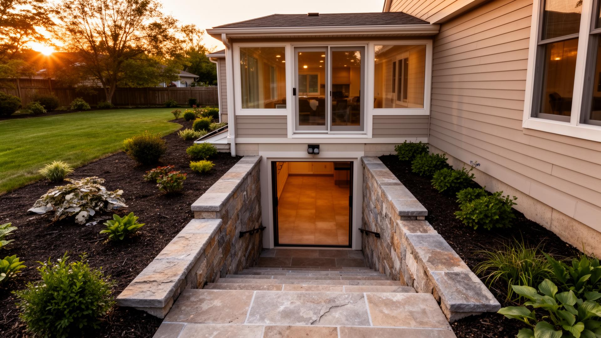 Walkout basement entrance integrated into a Richmond Hill backyard at dusk