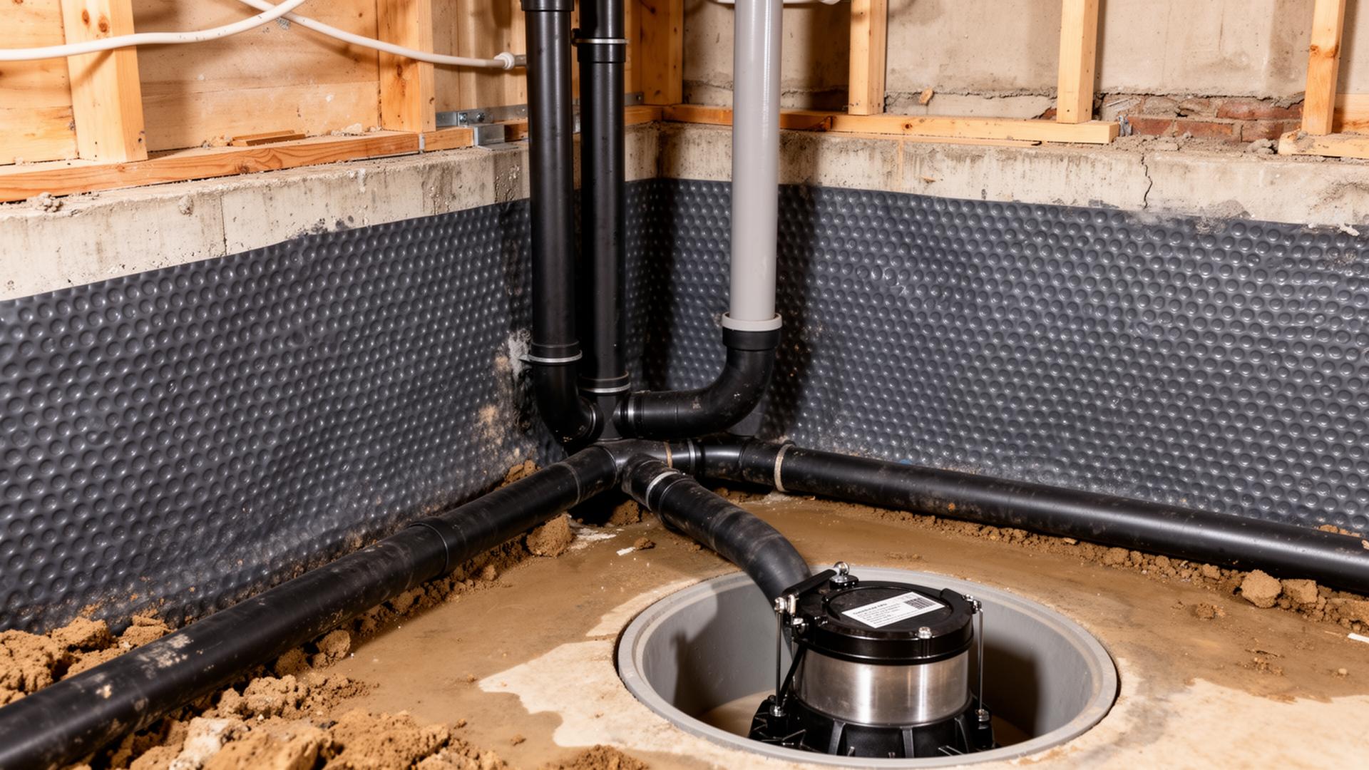 Interior basement waterproofing membrane and sump pump installation