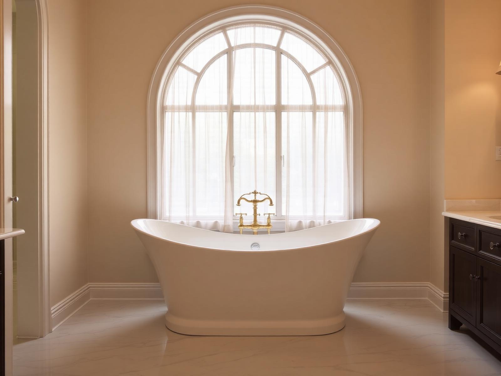 Luxury bathroom remodel in Richmond Hill with freestanding soaking tub and arched window