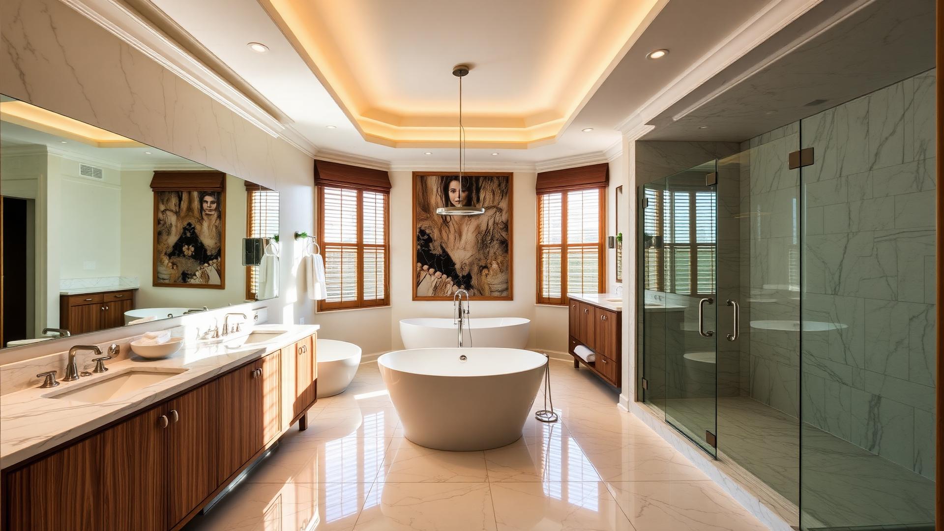 Wide-angle view of a finished luxury bathroom remodel in Richmond Hill