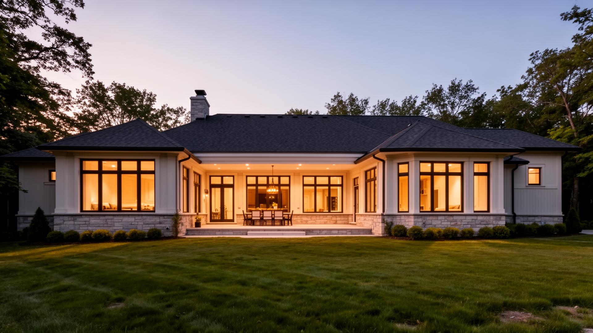 Wide exterior view of a finished custom home addition in Richmond Hill at dusk