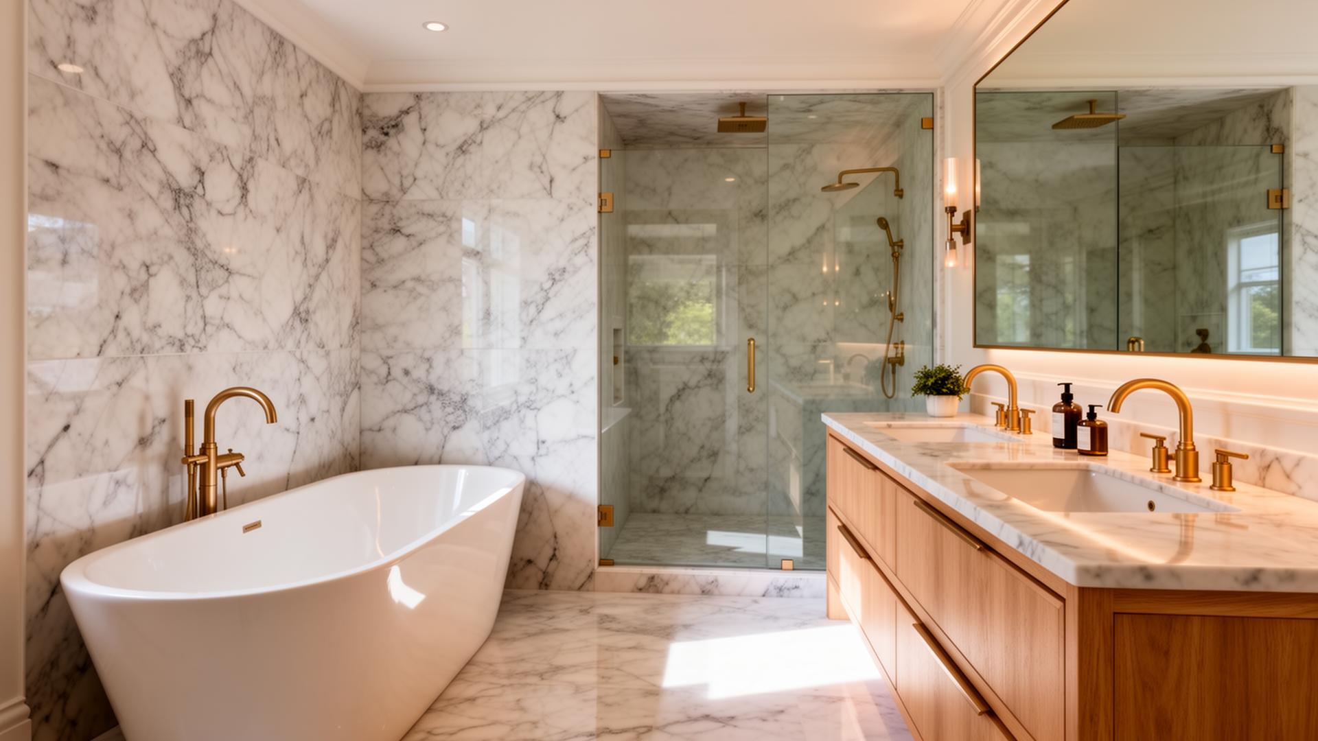Primary bathroom renovation in a Richmond Hill home — marble slab walls and freestanding tub