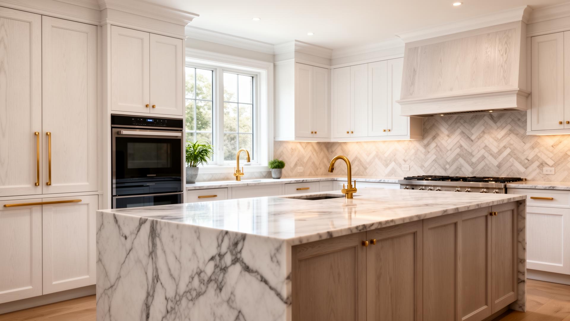 Custom kitchen renovation in a Richmond Hill home — marble waterfall island and white oak cabinetry