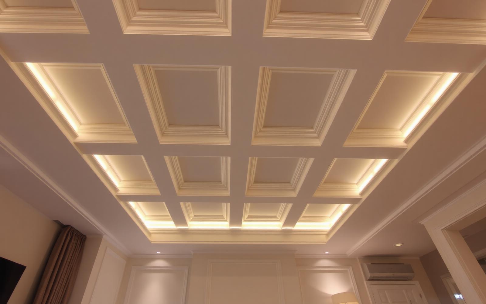 Coffered ceiling with integrated cove lighting in a refined interior remodel