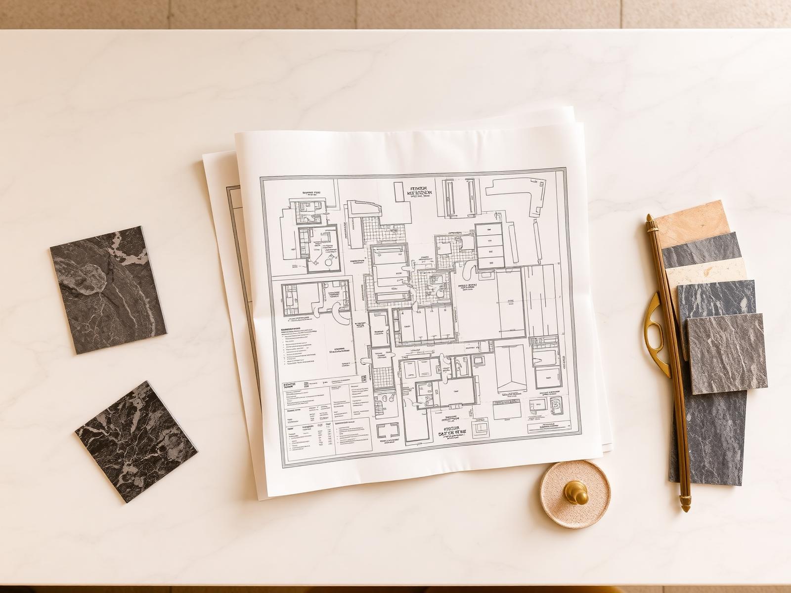 Kitchen renovation drawings and material samples on a marble surface