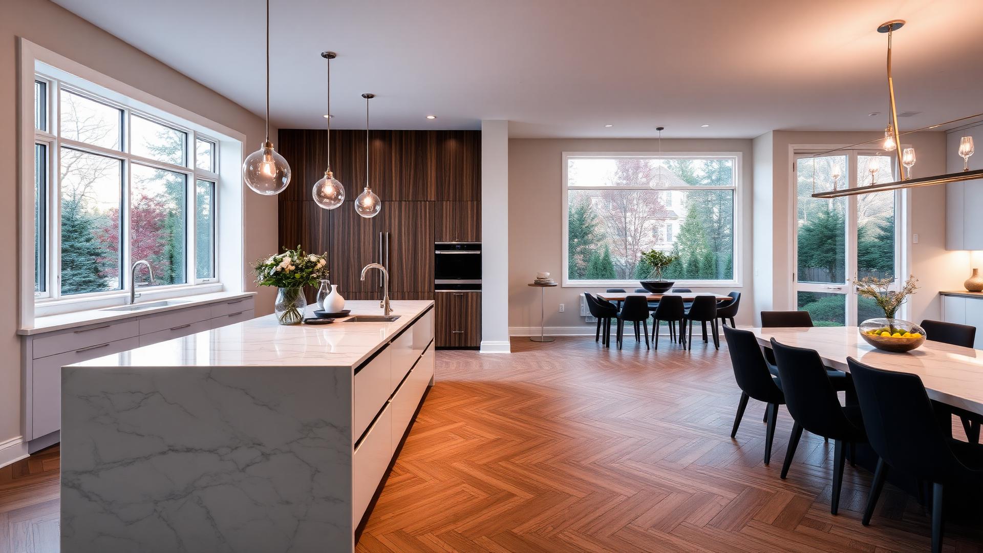 Wide-angle view of a finished luxury kitchen renovation in Richmond Hill, open to dining area