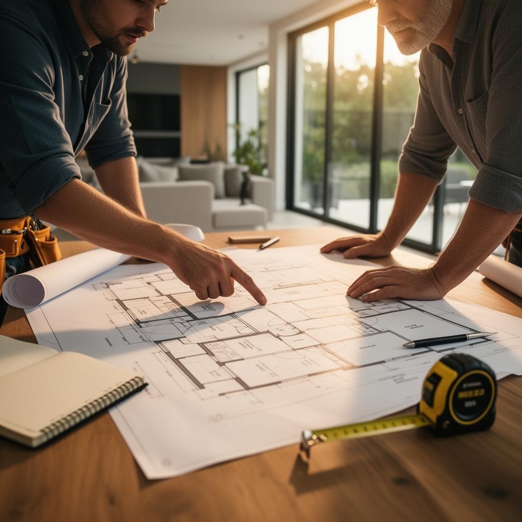 Contractor and homeowner reviewing blueprints on a wooden table.