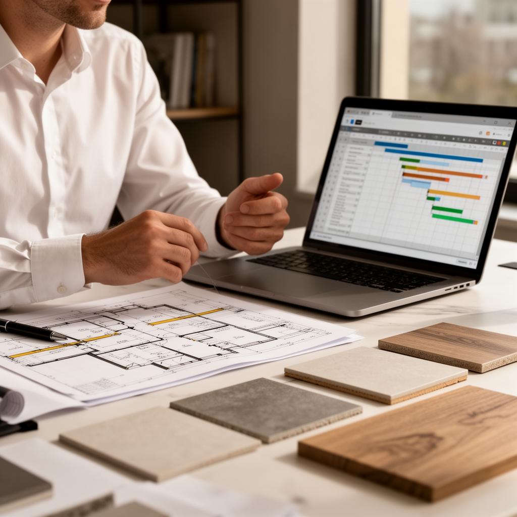 Project manager reviewing a schedule and material samples on a desk.